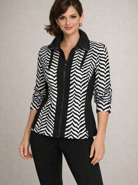 Chico’s Weekends Black&White Zebra  print Zip Up Athletic/Track Jacket Size4/6